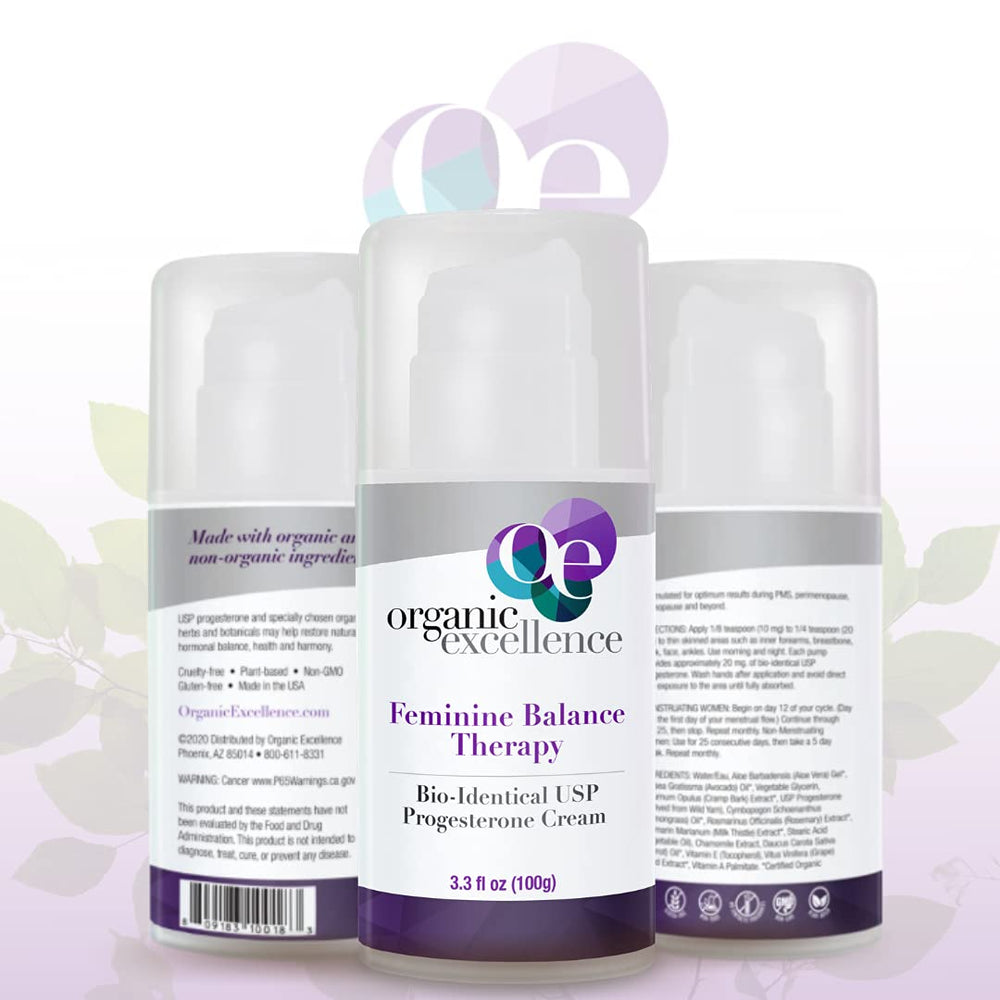 Label detail on Organic Excellence Progesterone Cream highlighting ingredients and origin.