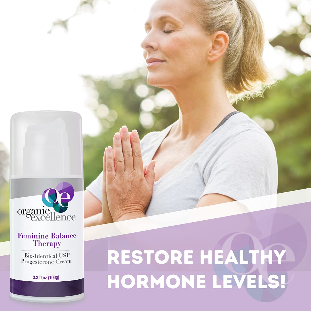 Packaging design of Organic Excellence Progesterone Cream emphasizes a clean, toxin-free formula.