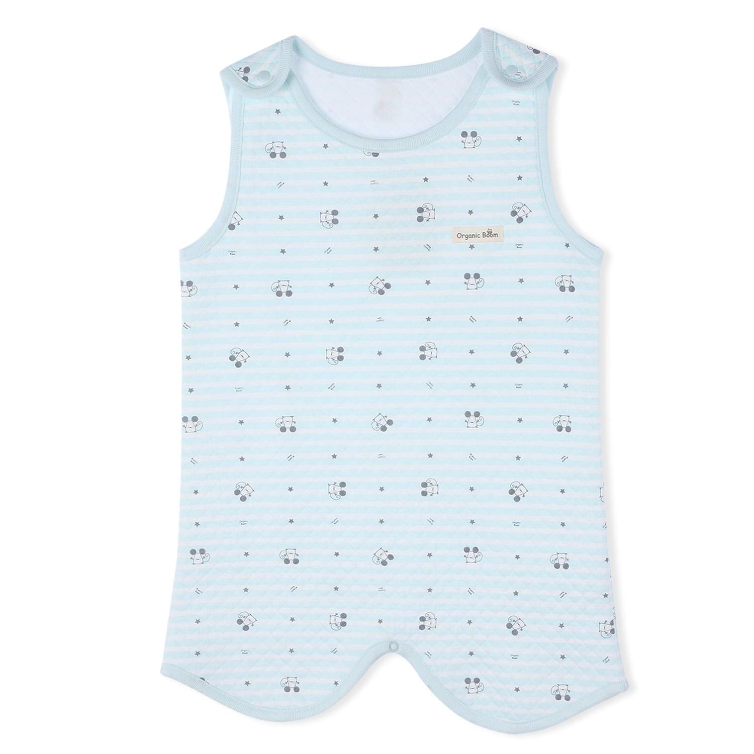 Organicboom mint wearable blanket worn by a baby for cozy sleep.