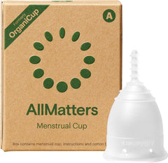 OrganiCup Size A in soft silicone for comfortable daily wear.