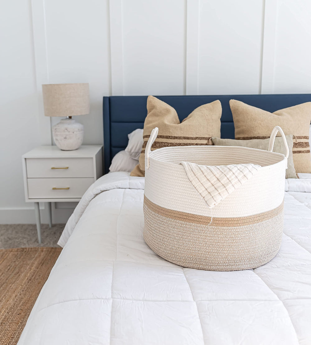 OrganiHaus blanket storage basket in honey stripe, ideal for cozy throws and blankets.
