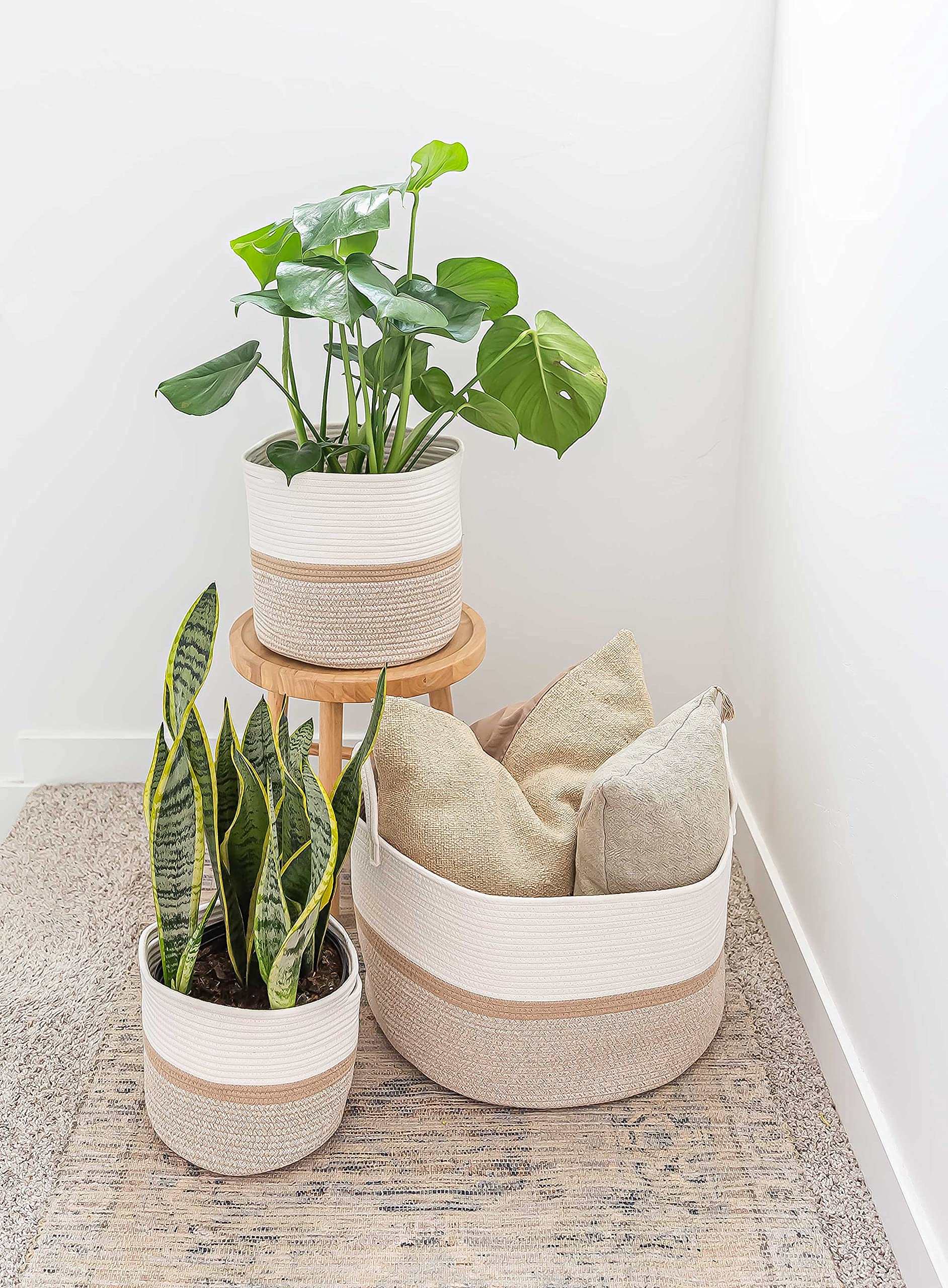 OrganiHaus durable rope basket with soft texture, honey stripe, safe for floors and daily use.