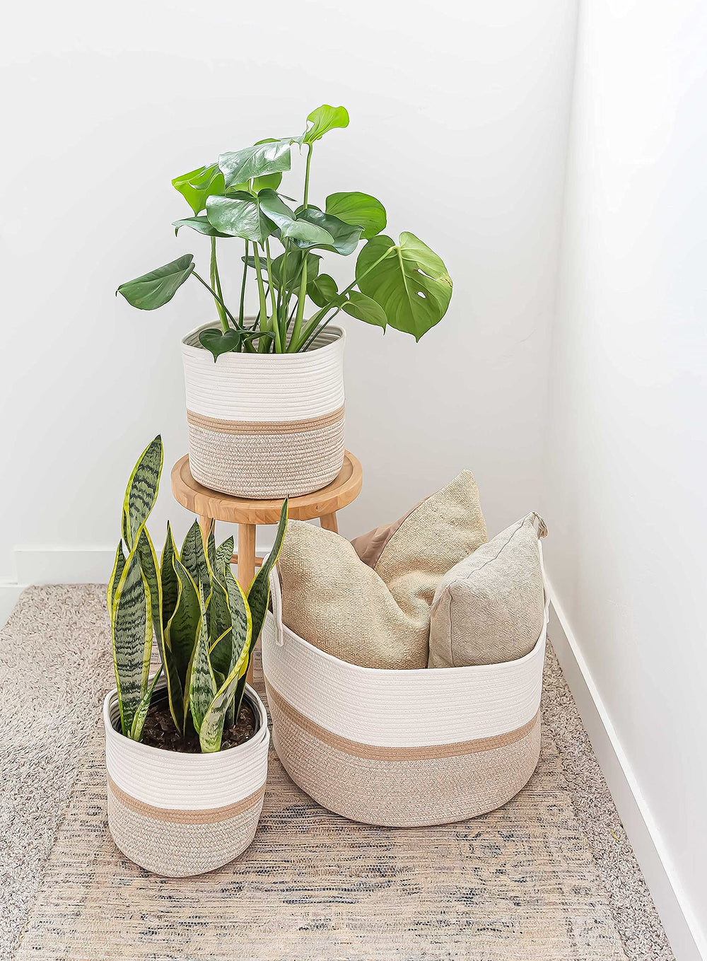 OrganiHaus durable rope basket with soft texture, honey stripe, safe for floors and daily use.