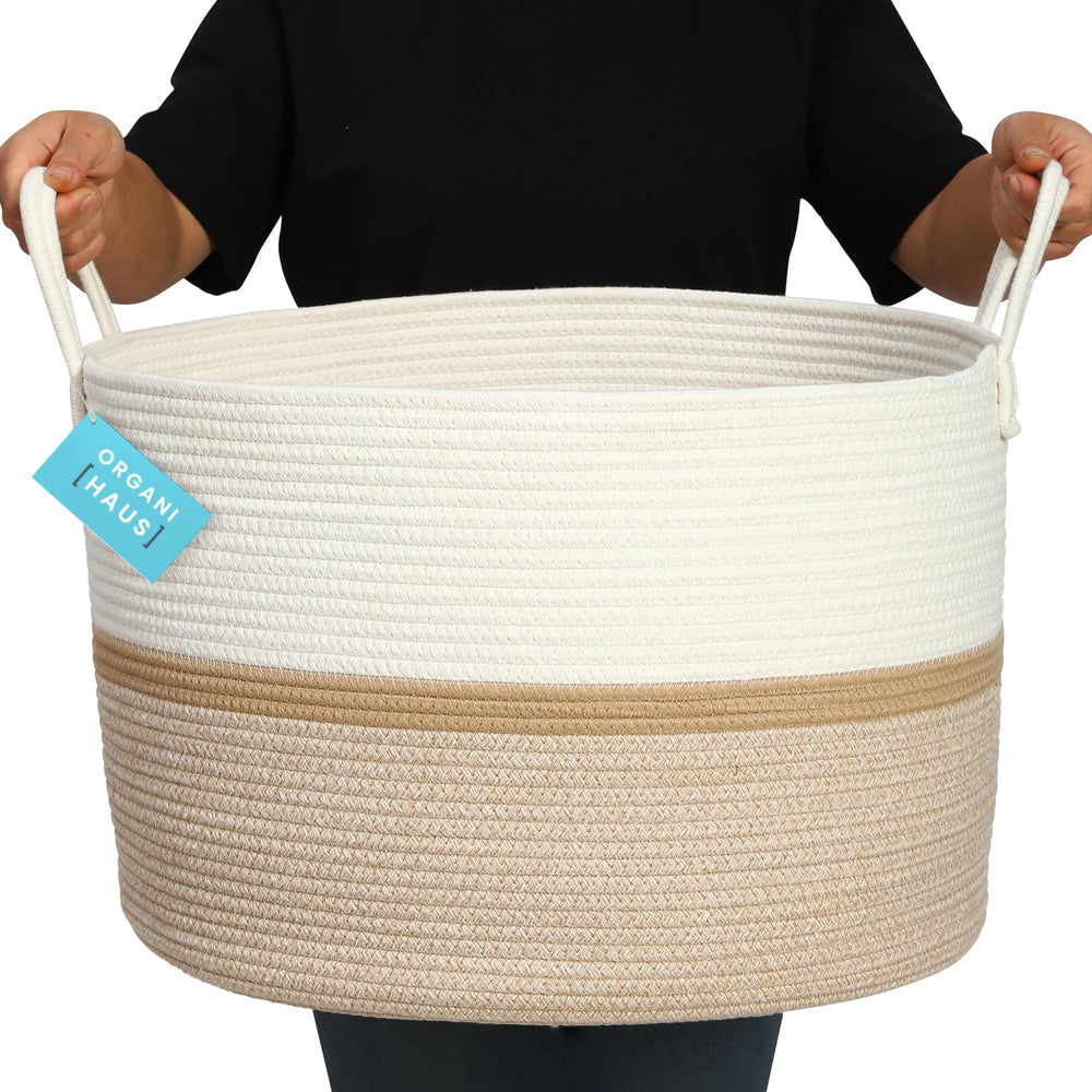 OrganiHaus foldable lightweight basket in honey stripe, easy to carry and tuck away.