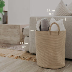 OrganiHaus honey off-white woven basket blends with decor and stores blankets
