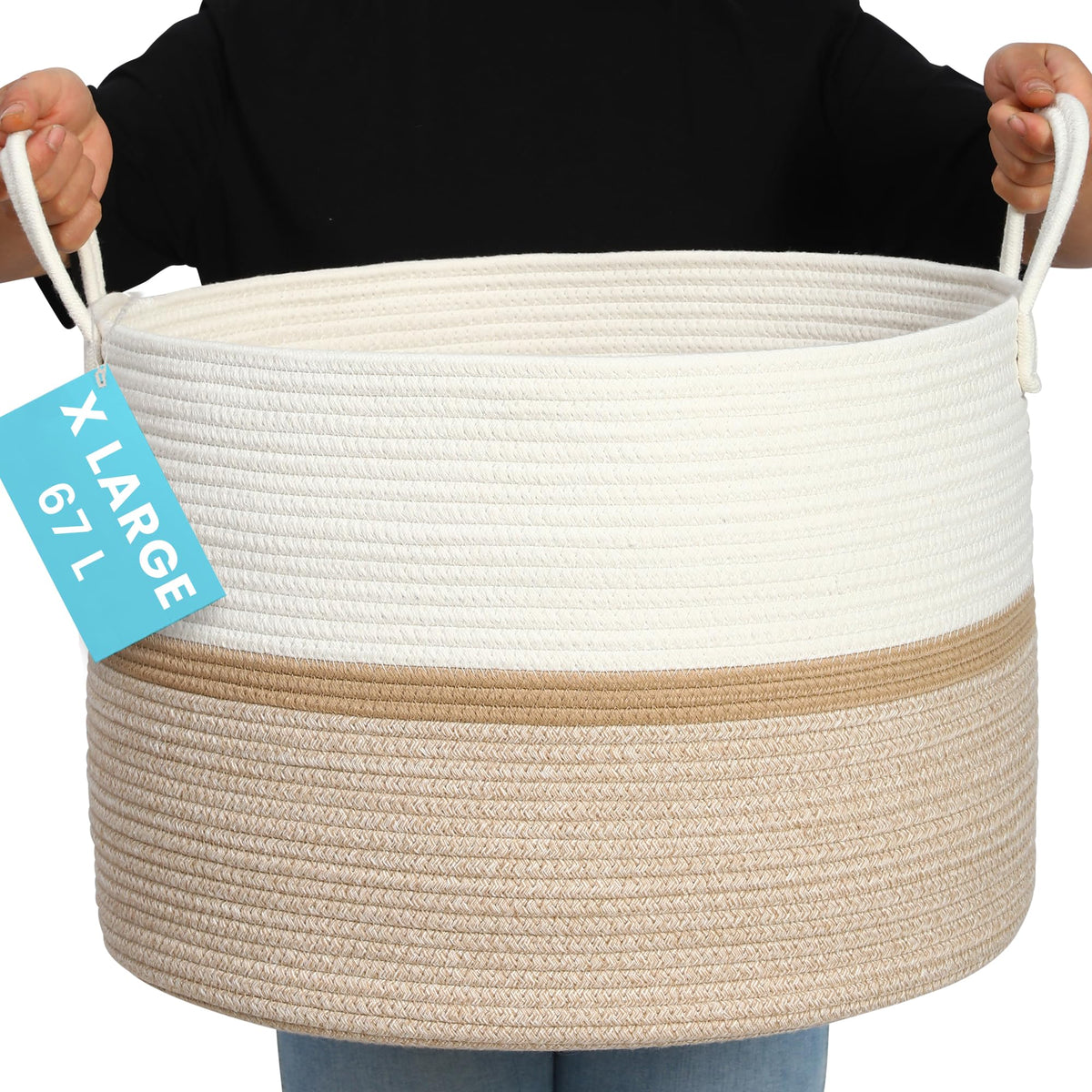 OrganiHaus large woven storage basket, front view, honey stripe, perfect for blankets and throws.