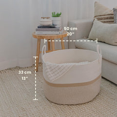 OrganiHaus large woven storage basket, side view, honey stripe, adds gentle texture to living rooms.