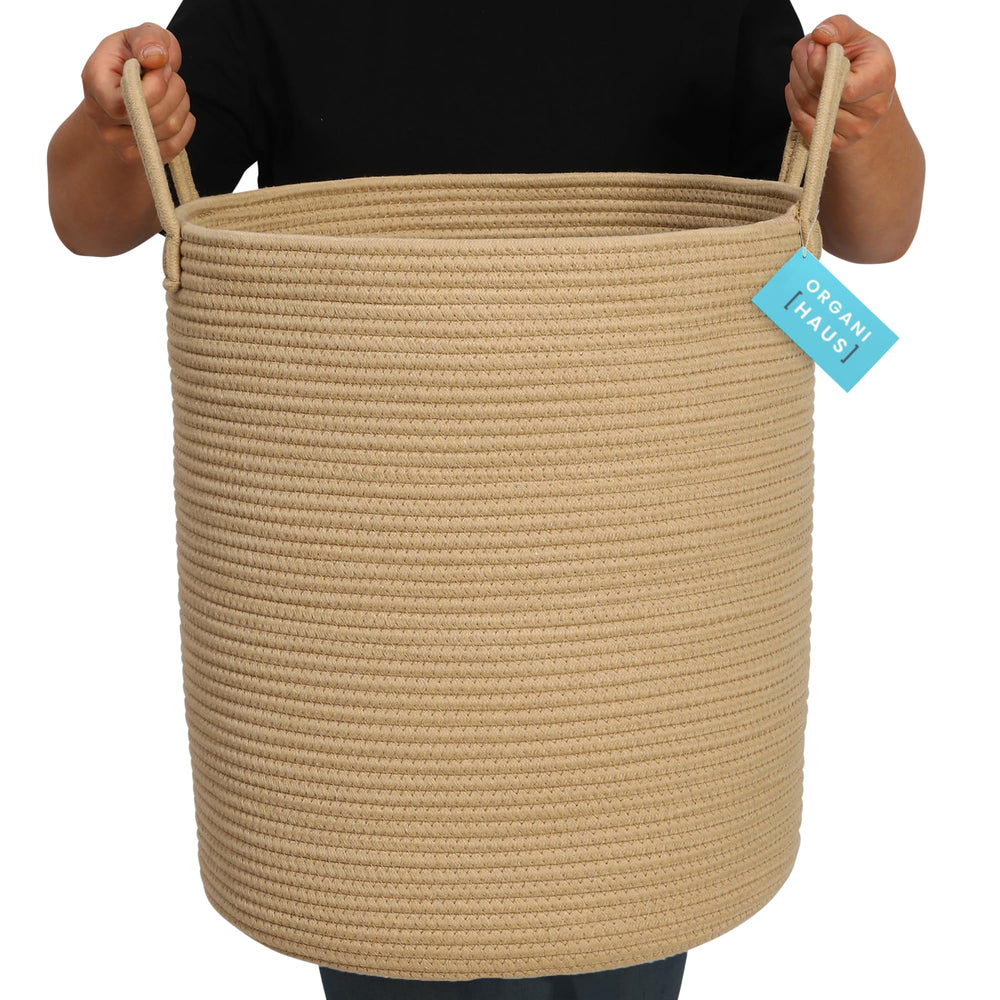 OrganiHaus living room storage basket used for blankets to enhance decor