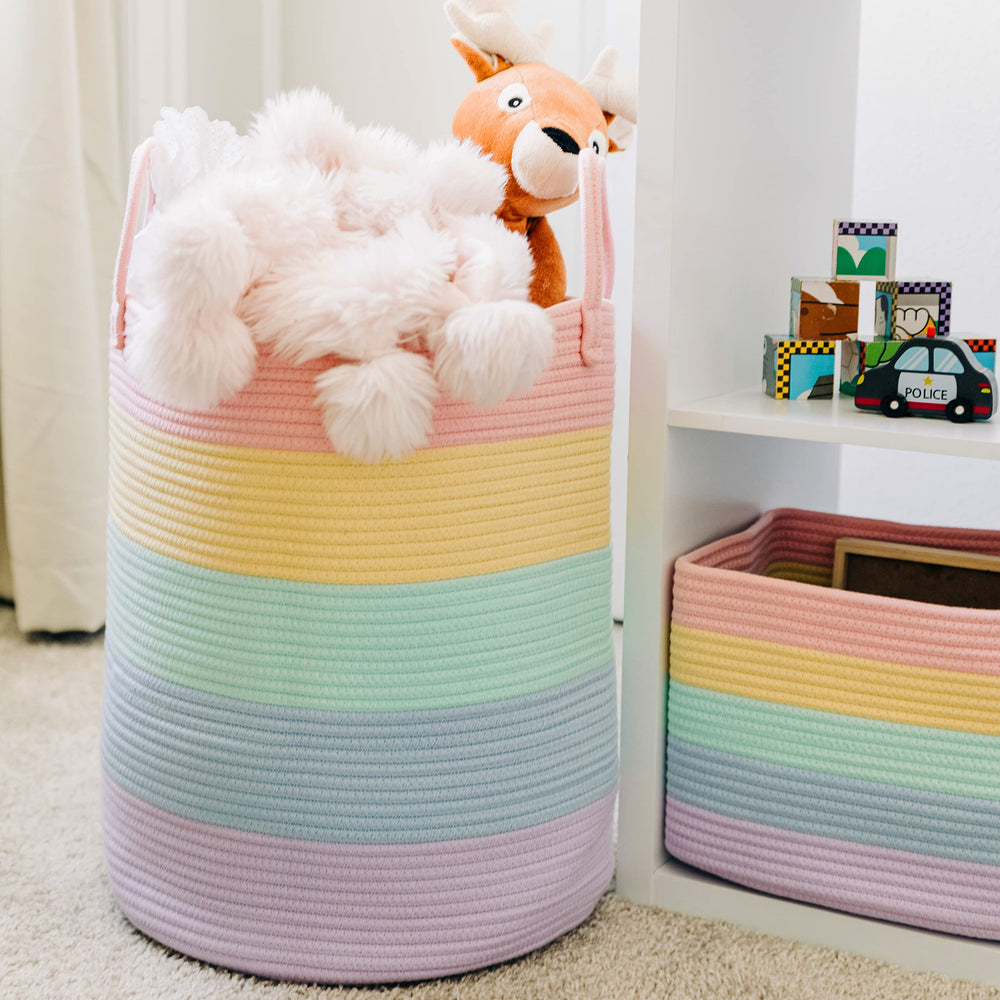 OrganiHaus nursery decor basket brings color and charm to spaces.