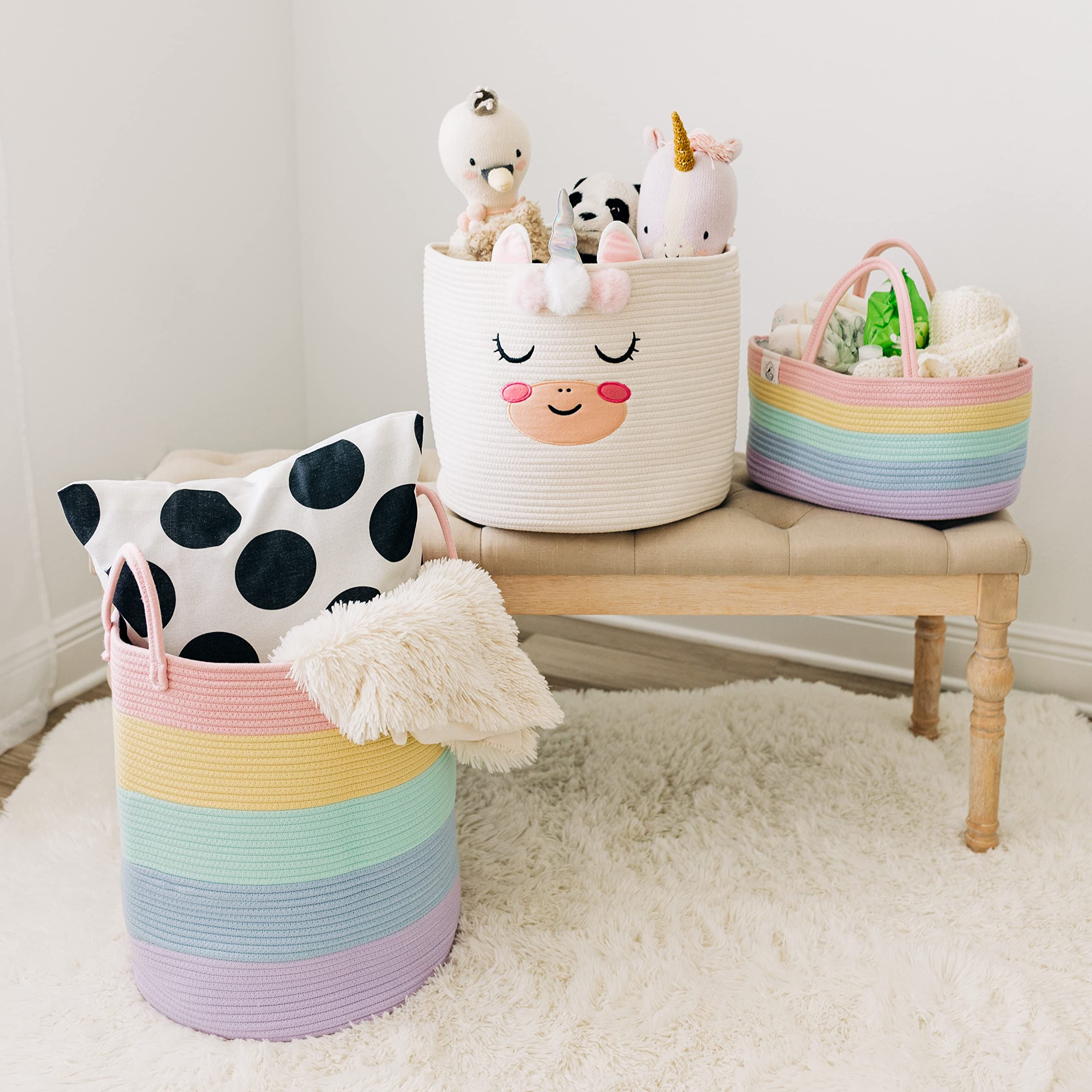 OrganiHaus pastel rainbow diaper caddy emphasizes organization near changing area