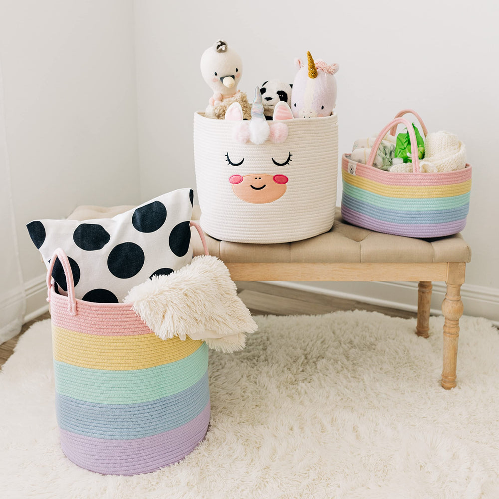 OrganiHaus pastel rainbow diaper caddy emphasizes organization near changing area