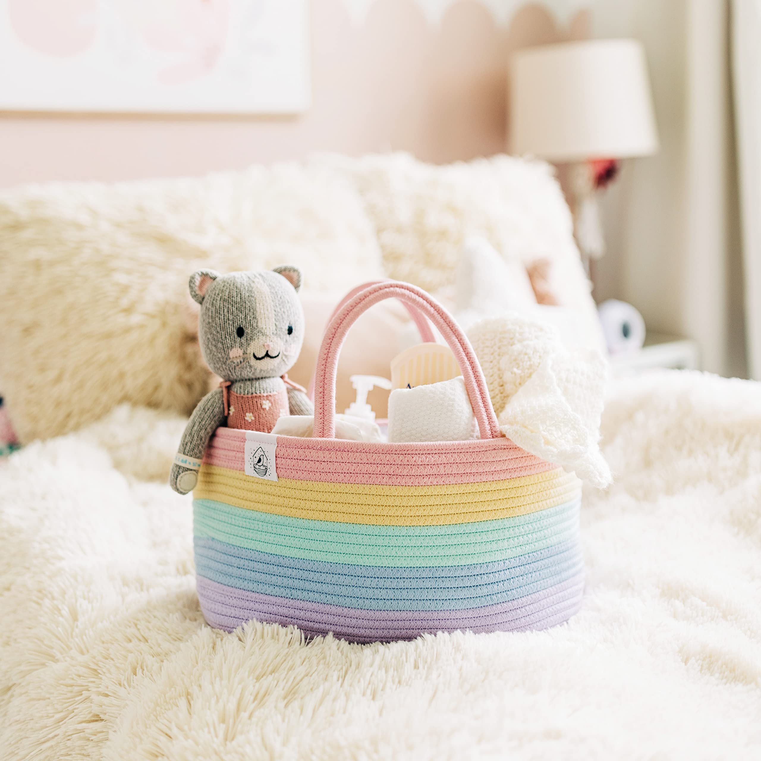 OrganiHaus pastel rainbow nursery basket with reinforced handles for easy transport