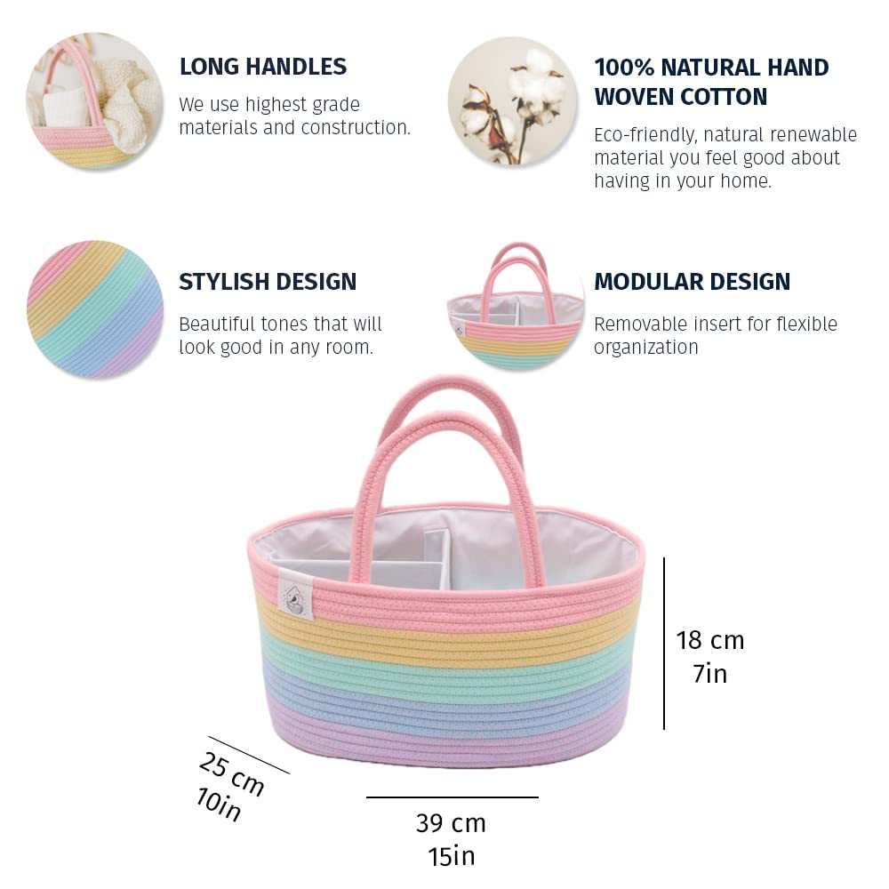 OrganiHaus pastel rainbow diaper caddy in use as a practical changing station