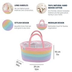 OrganiHaus pastel rainbow diaper caddy in use as a practical changing station