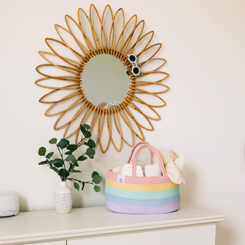 OrganiHaus pastel rainbow storage basket open to reveal removable dividers