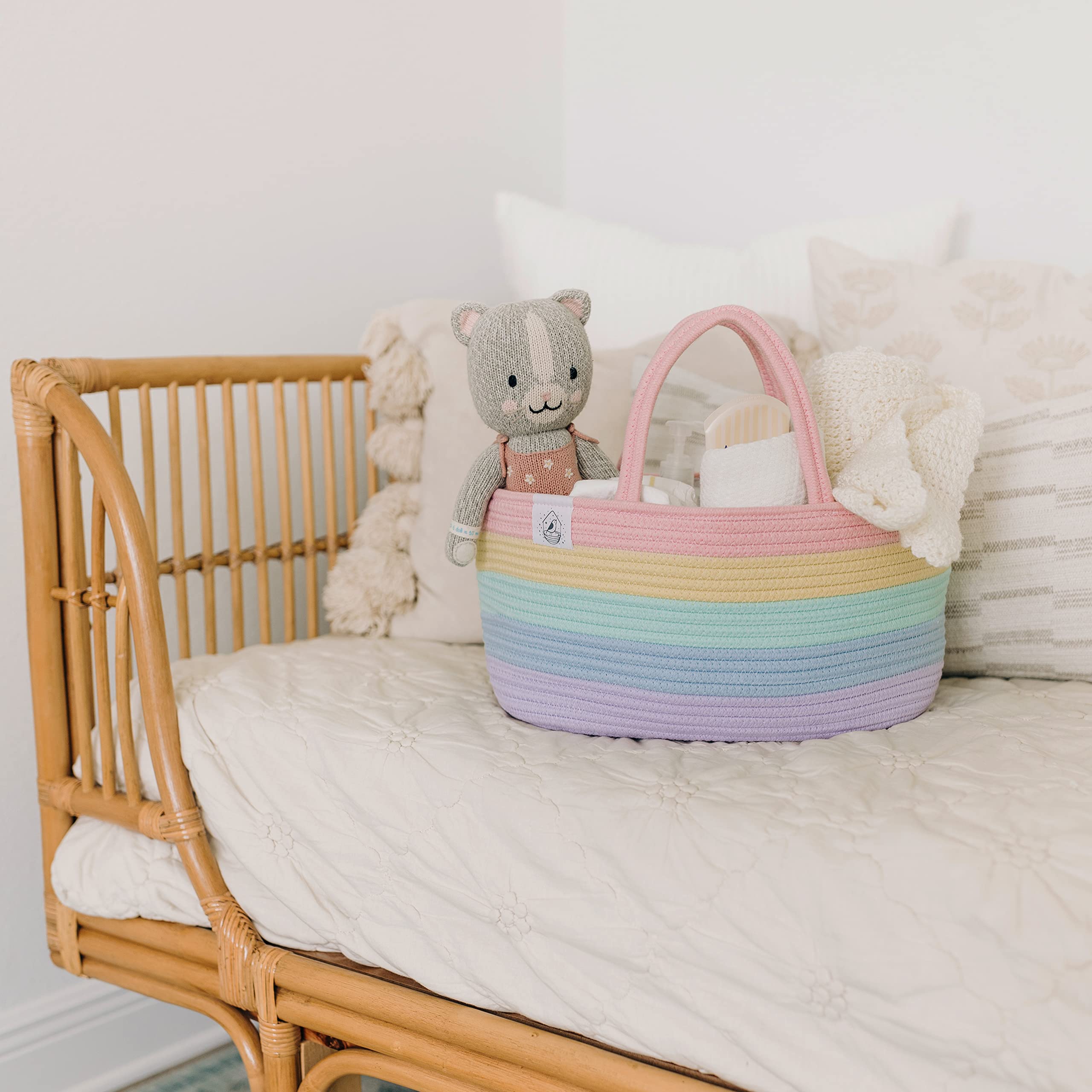 OrganiHaus pastel rainbow nursery organizer shown in playroom with toys