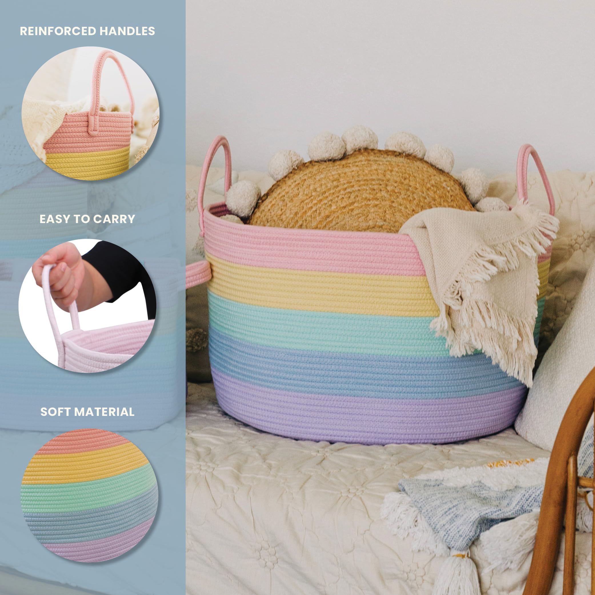 OrganiHaus rainbow blanket hamper stores blankets and laundry with gentle, durable design