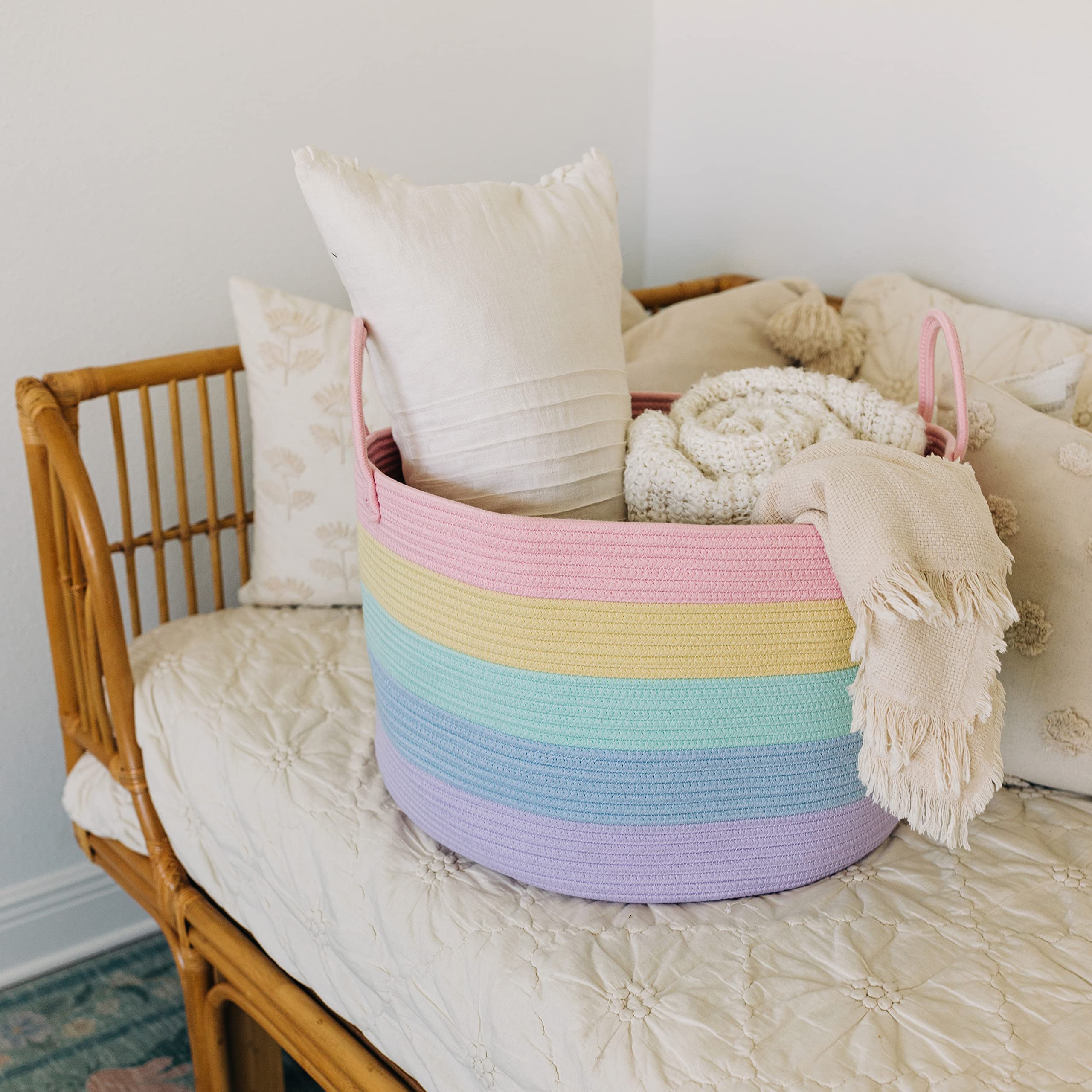 OrganiHaus rainbow basket in living room adds decorative storage and easy access