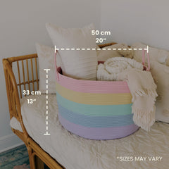 OrganiHaus rainbow toy storage bin keeps playroom clutter in check while brightening space