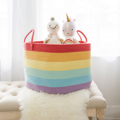 OrganiHaus Rainbow Basket holding blankets adds color to the nursery