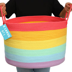 OrganiHaus Rainbow Basket front view highlights vibrant weave for toy storage