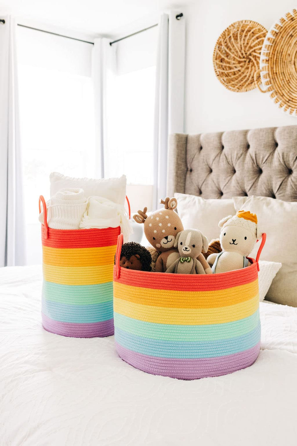 OrganiHaus Rainbow Basket living room storage adds warmth