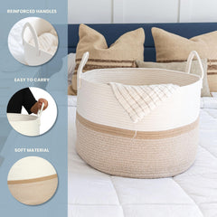 OrganiHaus rope basket with handles closeup in honey stripe, sturdy for daily use.
