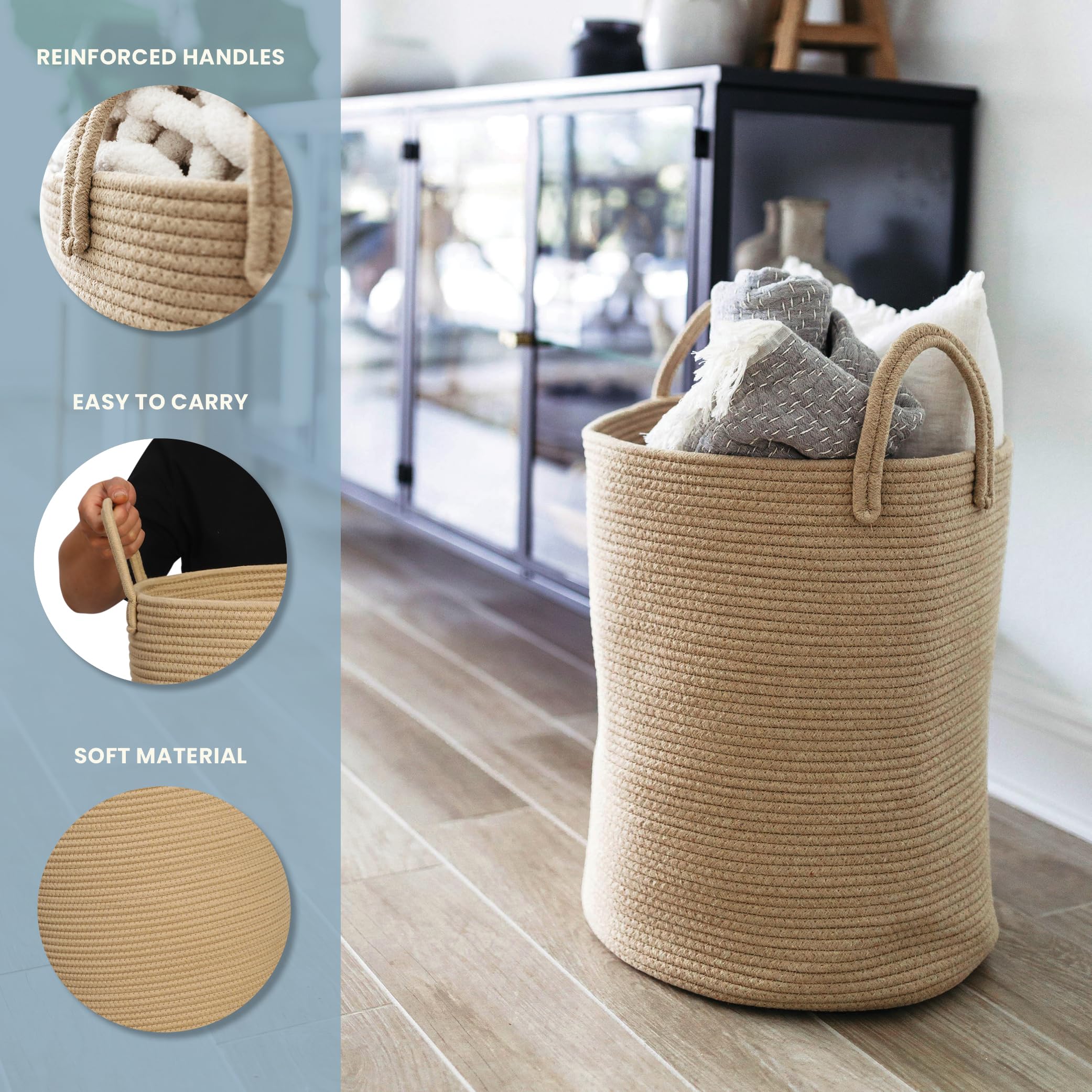 OrganiHaus tall cotton rope basket showing strong frame and practical storage