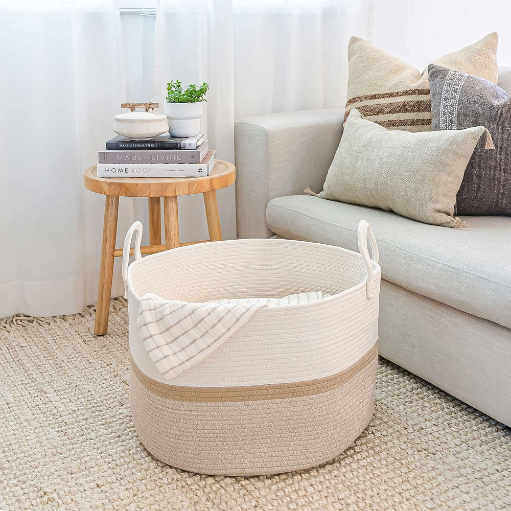 OrganiHaus toy storage bin in honey stripe, keeps kids' toys organized with style.