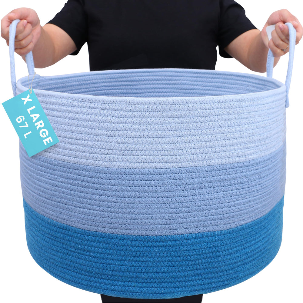 OrganiHaus large woven basket with blankets inside for tidy living room organization.