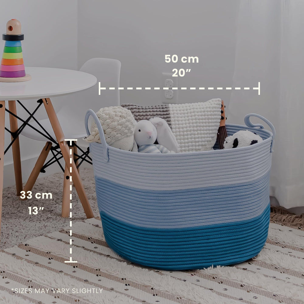 OrganiHaus blue basket with handles visible for easy room-to-room carrying.
