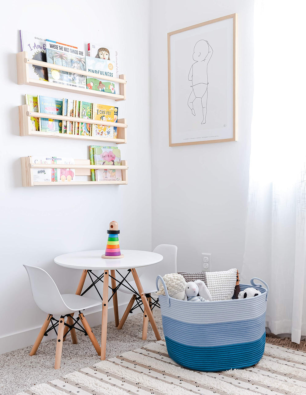 OrganiHaus blue woven basket styling a living room setup.
