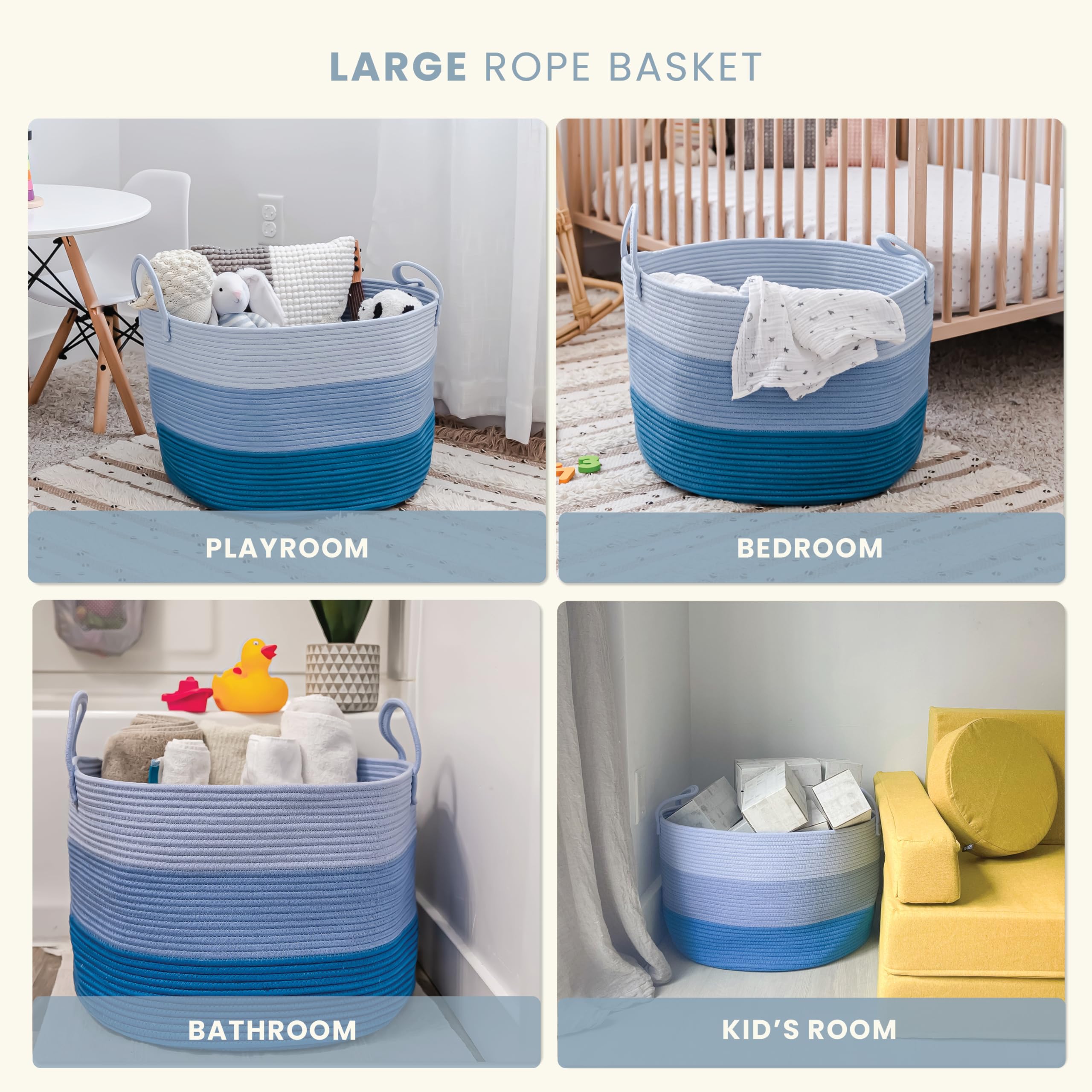 OrganiHaus blue basket in nursery scene for toy and blanket storage.