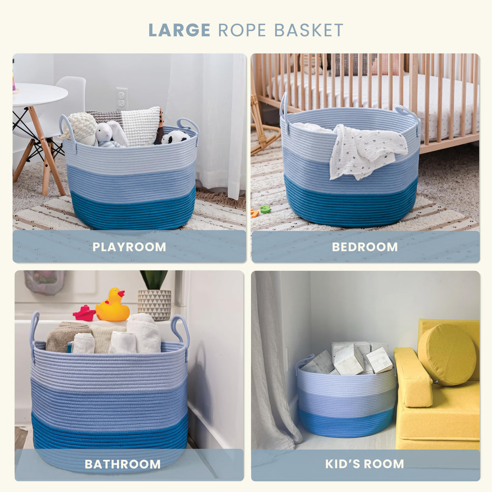 OrganiHaus blue basket in nursery scene for toy and blanket storage.