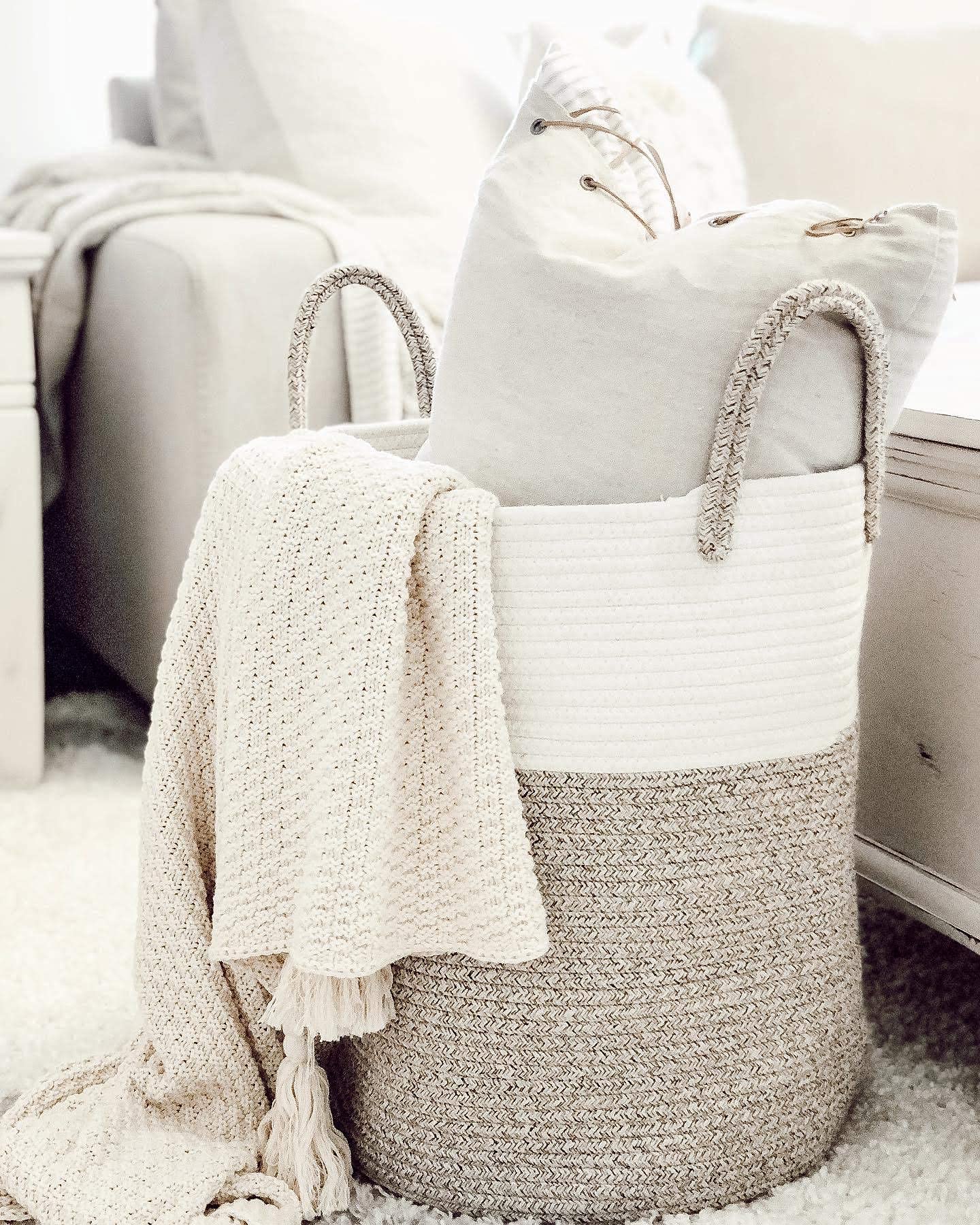 OrganiHaus living room blanket storage basket blends warmth and elegance