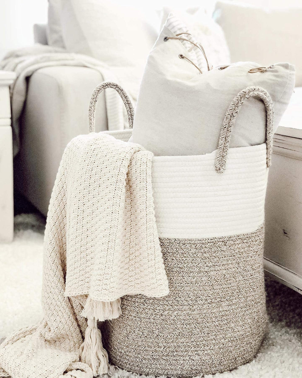 OrganiHaus living room blanket storage basket blends warmth and elegance
