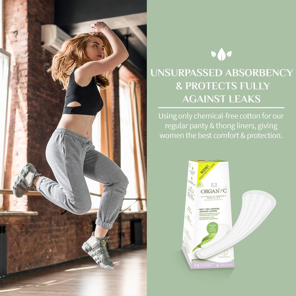 Organyc anatomic better-fit tanga liner helps keep in place during activity.