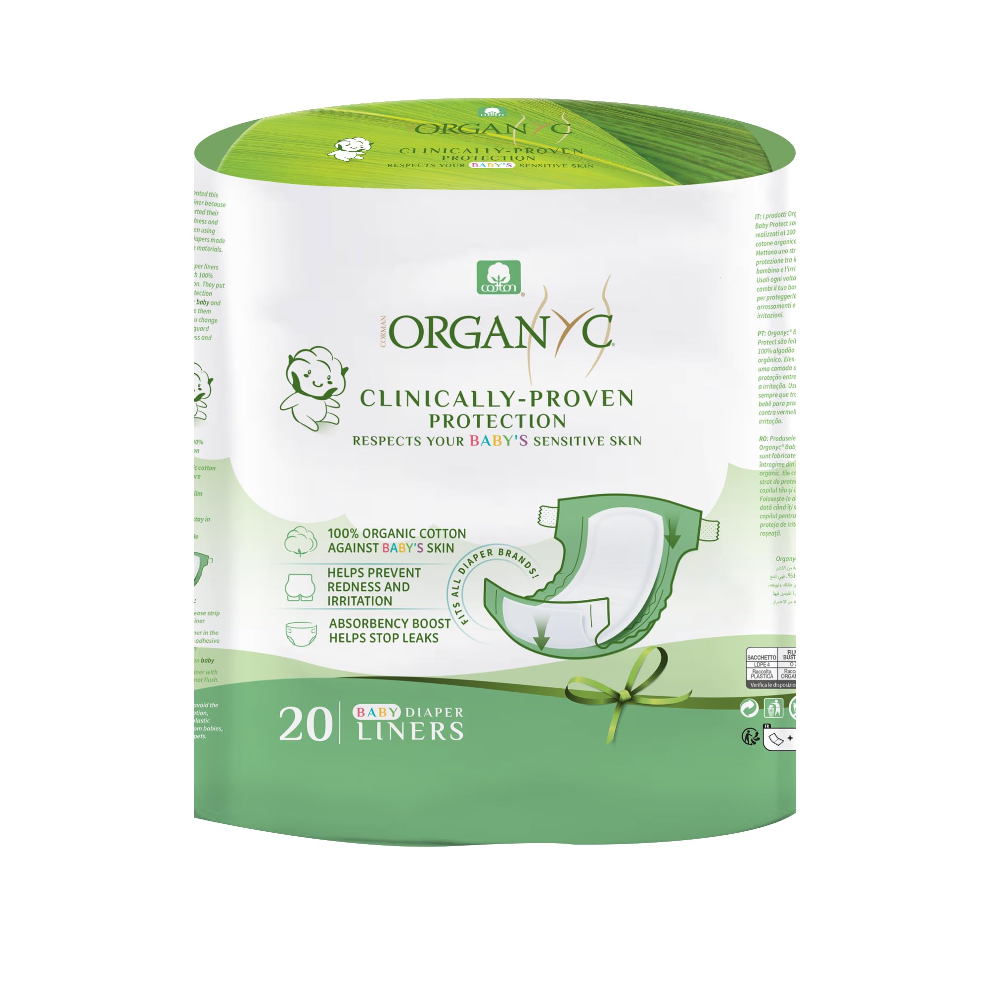 Organyc diaper liner packaging showcases 100% organic cotton for sensitive skin protection.