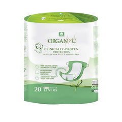 Organyc diaper liner packaging showcases 100% organic cotton for sensitive skin protection.