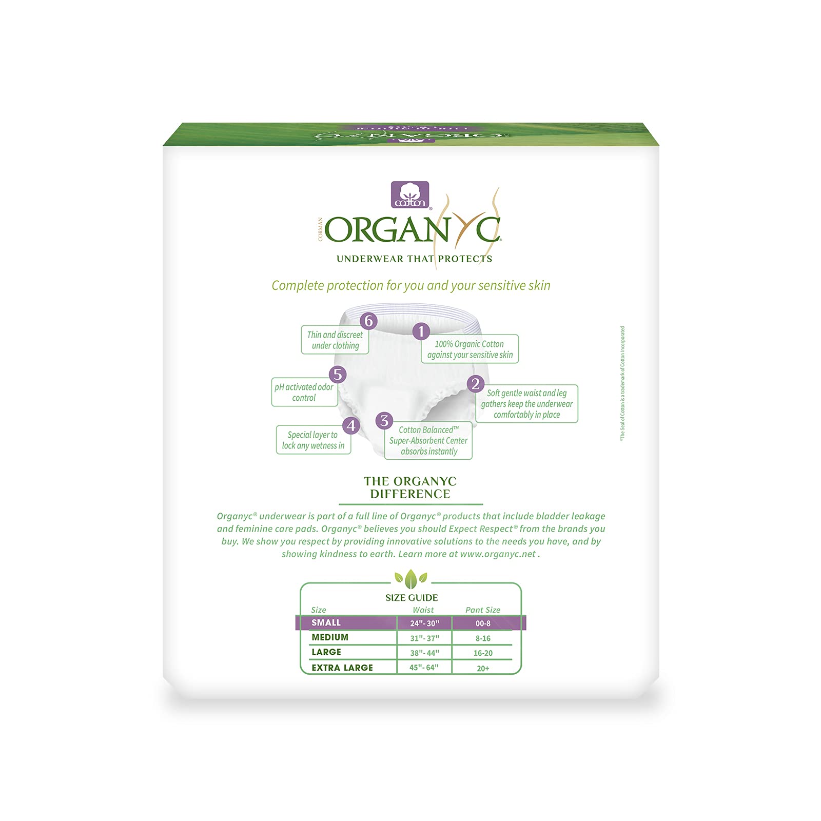 Organyc waistband and leg gathers provide secure, comfortable fit