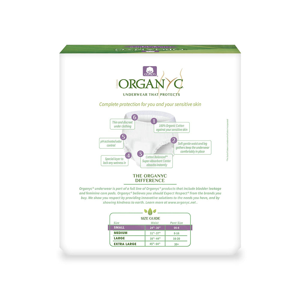 Organyc waistband and leg gathers provide secure, comfortable fit
