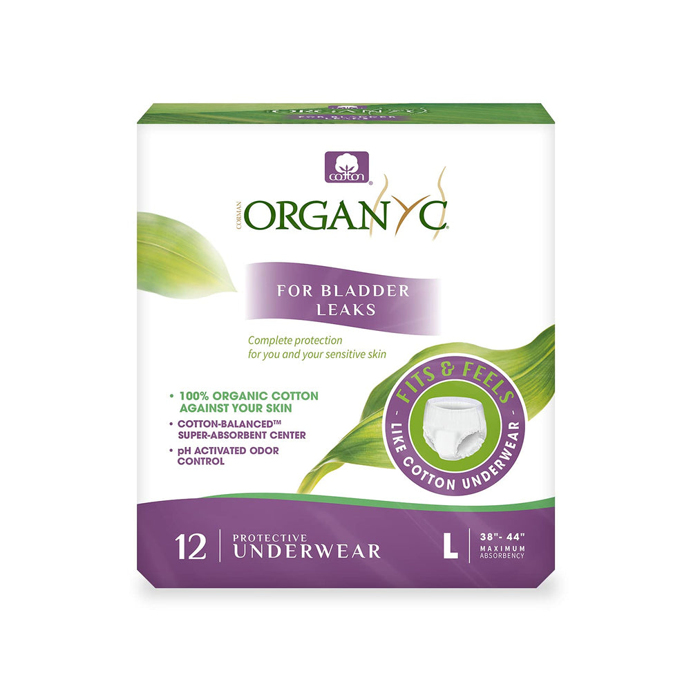 Organyc bladder control underwear features odor-neutralization for subtle freshness.