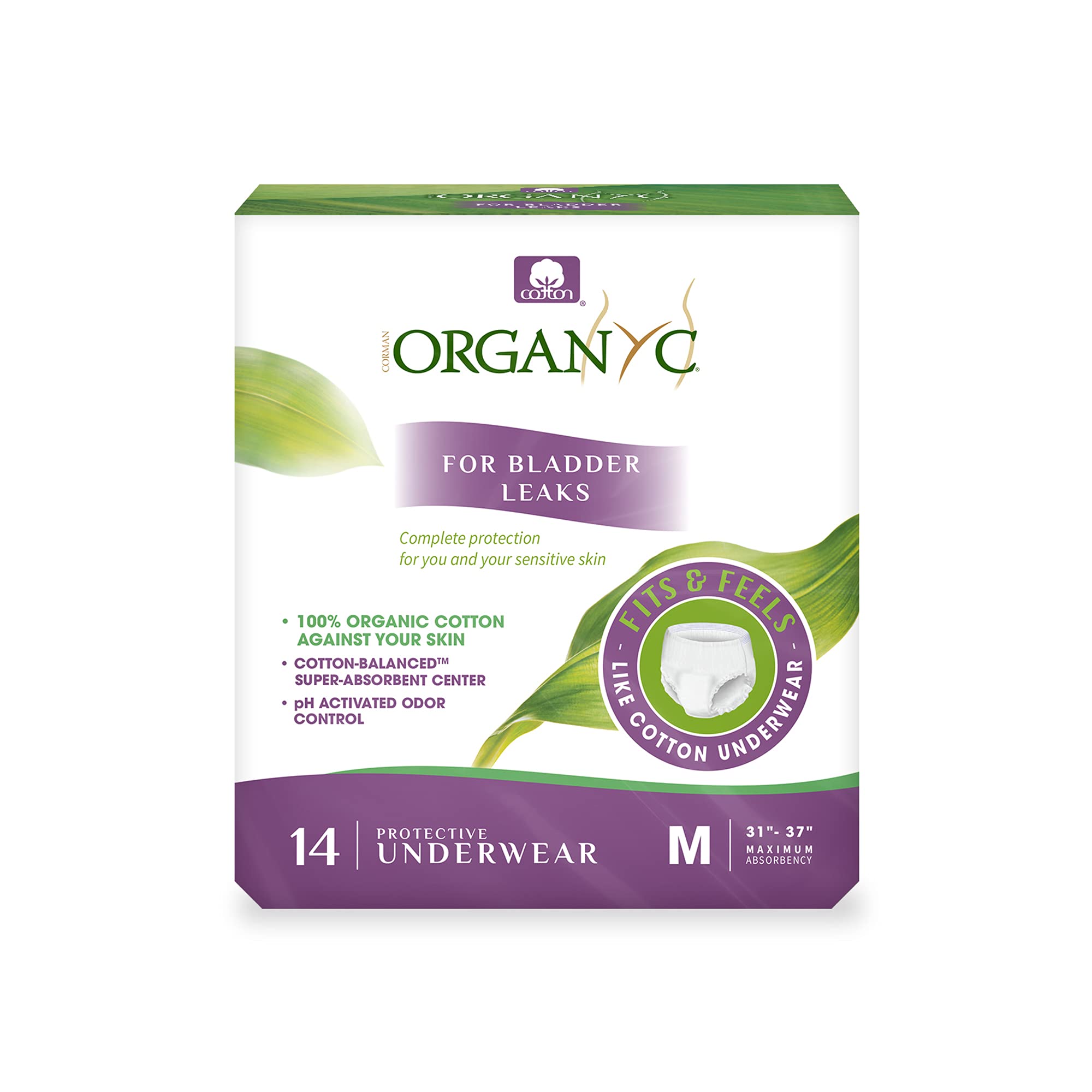 Organyc bladder-control underwear for women with a medium size and 14-count pack, reliable daily protection.