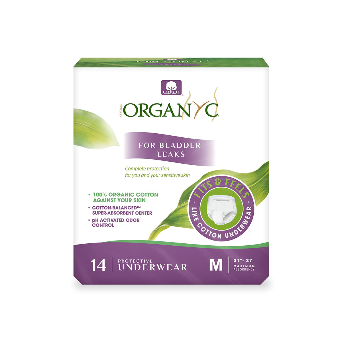 Organyc bladder-control underwear for women with a medium size and 14-count pack, reliable daily protection.