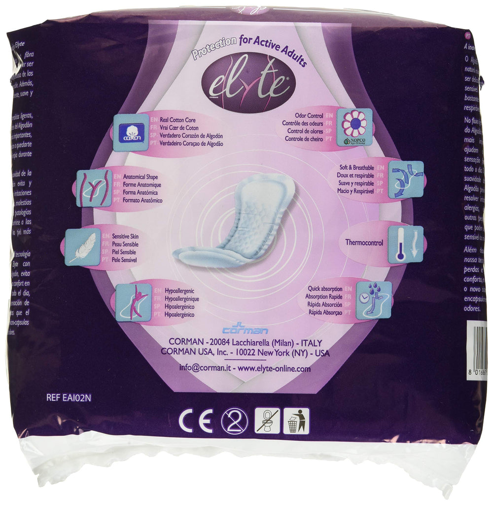 Organyc Elyte breathable pad with soft cover for comfort in light to moderate leakage.