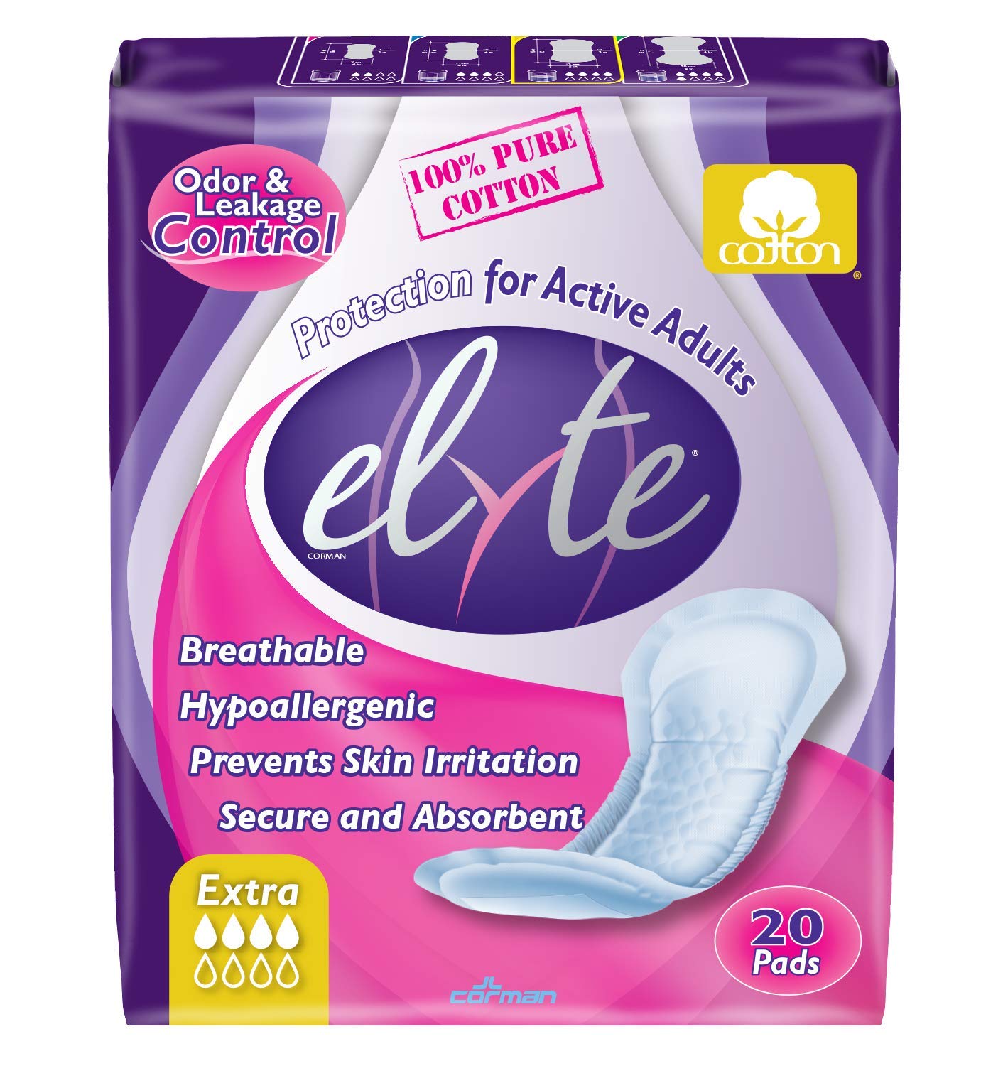 Organyc Elyte Light Inco Pads Extra packaging showing a 20-count box for all-day comfort