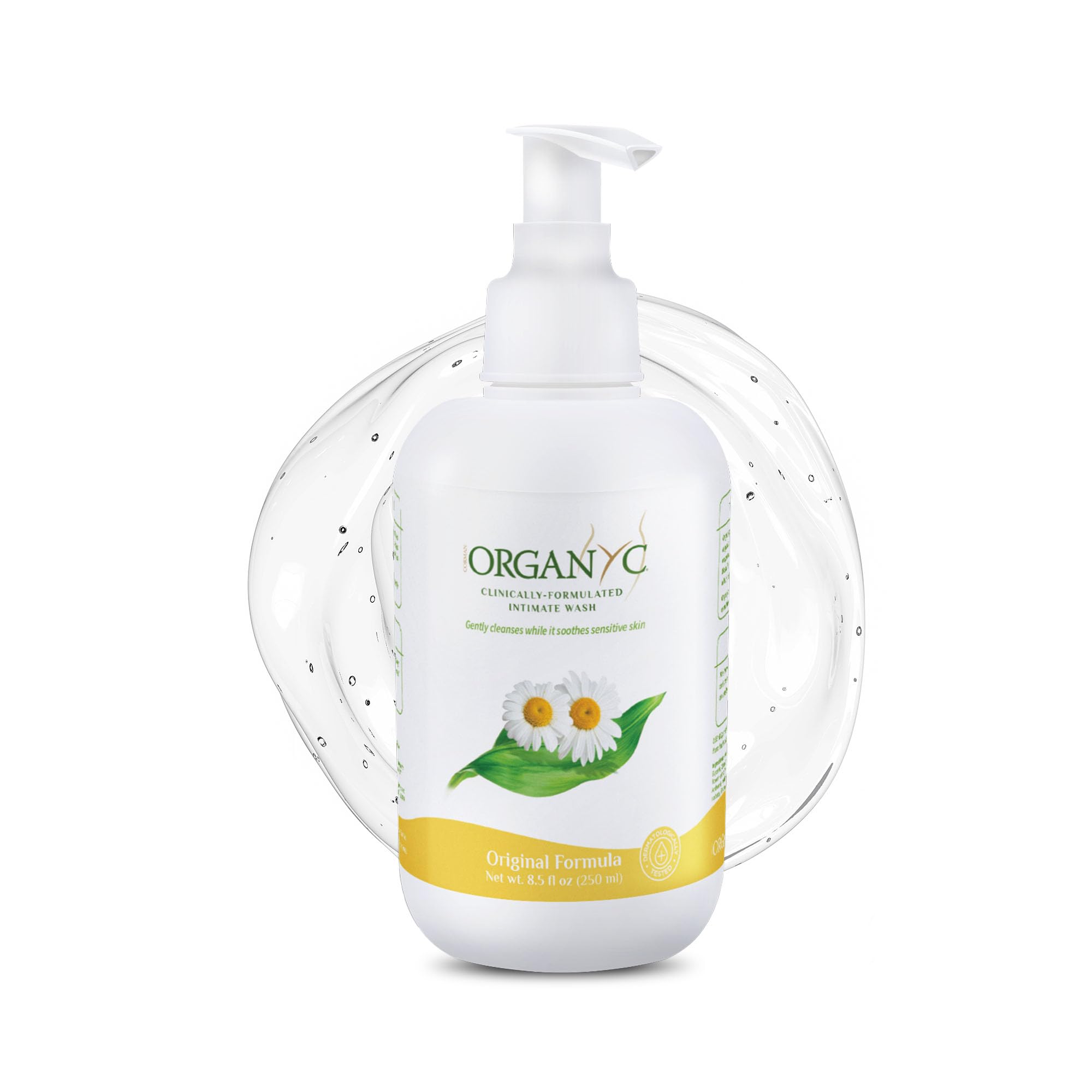 Organyc Feminine Wash bottle close-up highlighting gentle organic formula for sensitive skin.