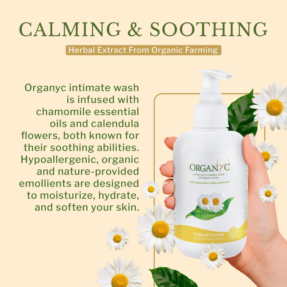 Organyc calming chamomile visual hints soothing properties.