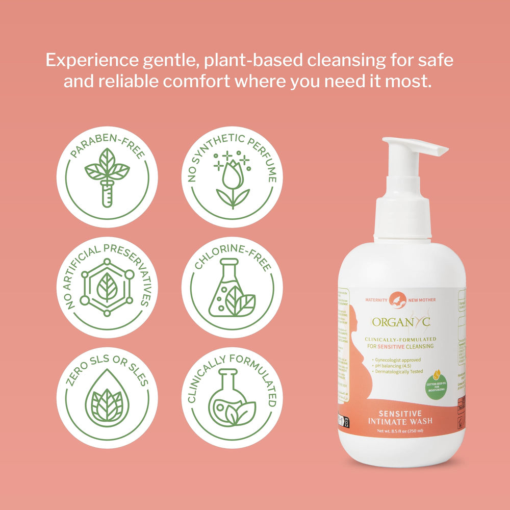 Organyc Feminine Wash chamomile oil detail highlighting calming extract.