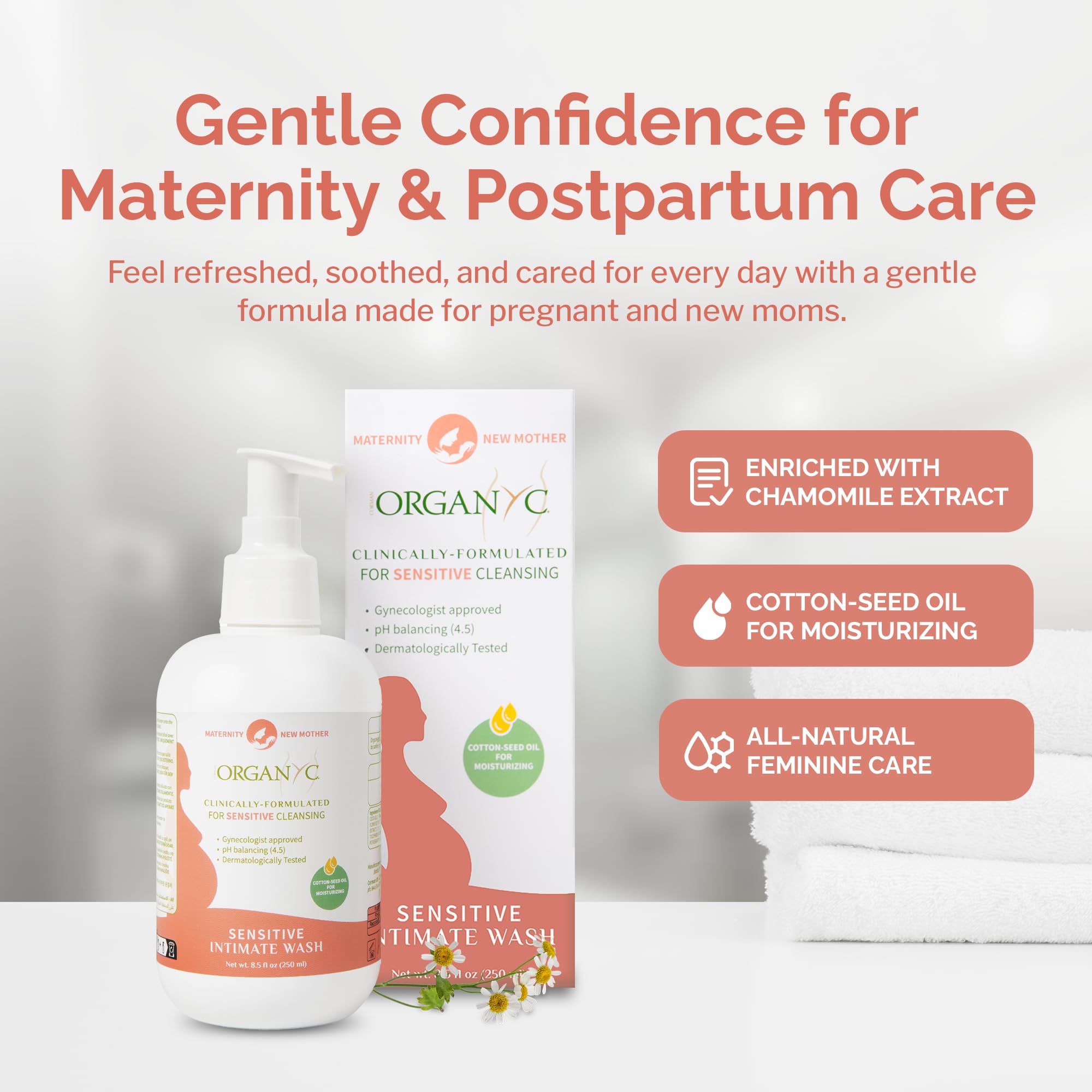 Organyc Feminine Wash cottonseed oil ingredient label emphasizing daily moisture.
